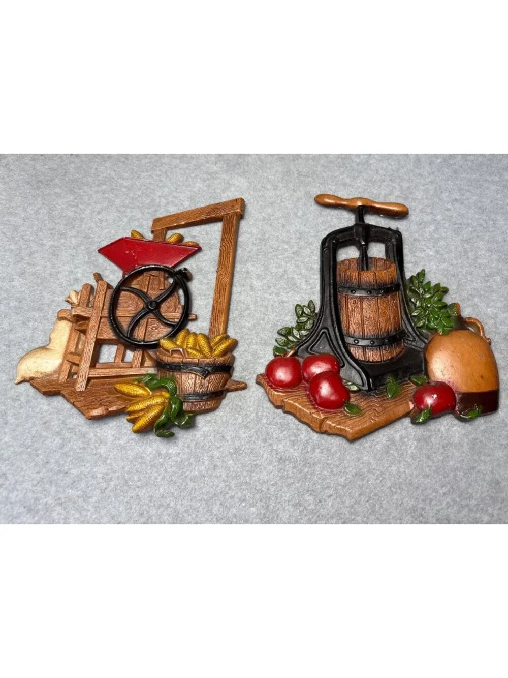 1978 HOMCO 3D Cast Metal Wall Hangings Set Corn Grinder Apple Cider Press Rustic